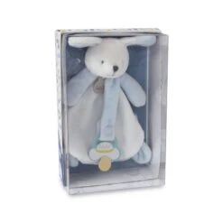 Baby'Nat - Doudou Attache-sucette Lapin Bleu En Coffret 18 Cm