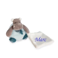 Baby'Nat - Bazile L'hippo - Doudou Mouchoir Bleu 25 Cm