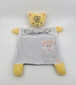 Mots D'enfants Doudou Plat Léopard Blanc Jaune Gris 30 Cm