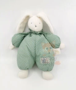 Moulin Roty Les Douillettes Doudou Peluche Lapin Vert Blanc 25 Cm