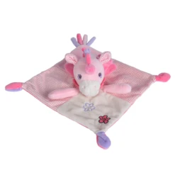 Nicotoy Doudou Plat Licorne Rose Fleur 25 Cm