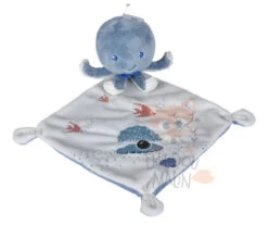 Tex Doudou Plat Poulpe Pieuvre Bleu Coquillage 25 Cm