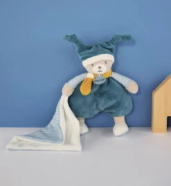 Baby'Nat - Polochon L'ours - Peluche Avec Doudou Bleu Jaune 22 Cm